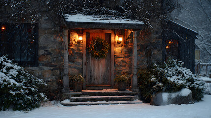 Cottage doorway with wreath under snowfall, warm lamp glow and cozy rustic harmony