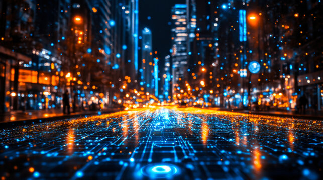 Urban street illuminated by digital light patterns at night with city skyline in the background