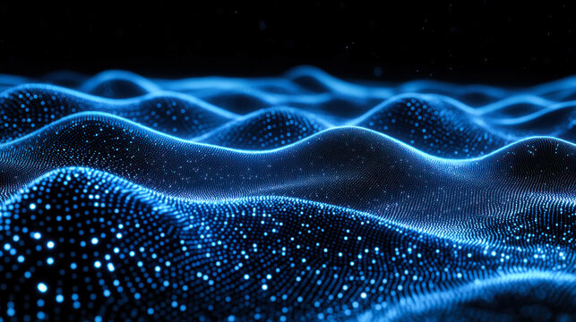 Glowing blue waves with sparkling lights create a mesmerizing abstract landscape at night - Powered by Adobe