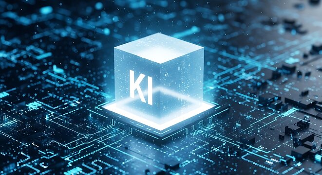 Glowing futuristic crystal data server with digital circuitry background