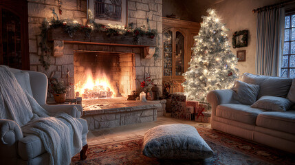Cozy living room with fireplace glow and decorated tree, HDR tone mapping and joyful harmony