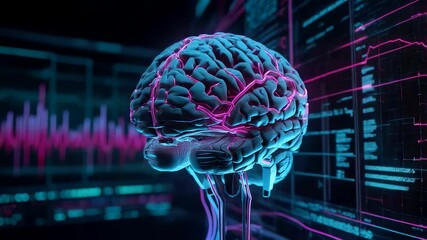 Digital 3D rendering of human brain with glowing neural connections and data graphs illustrating artificial intelligence technology concept - Powered by Adobe