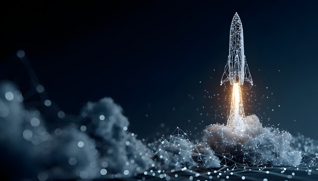 Digital illustration of rocket launch on dark blue tech background. Glowing connected dots, lines represent rapid growth concept. Low poly wireframe art digital growth with arrows up, abstract