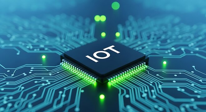 Internet of things technology concept with glowing circuit board and central processor