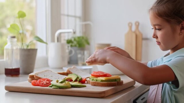 A young girl meticulously preparing a delicious sandwich in a sunlit kitchen Stock Video