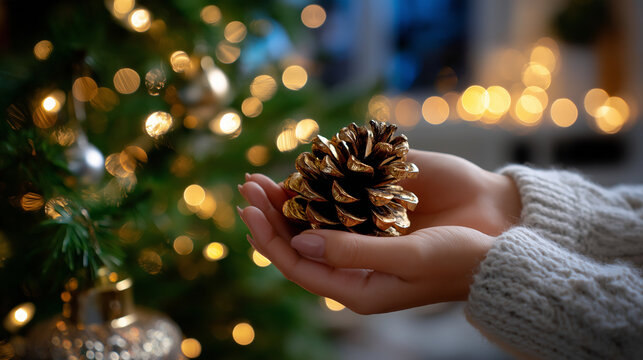 Faceless person holding a pine cone ornament near a softly lit Christmas tree, bokeh light reflections in warm tones, with copy space.