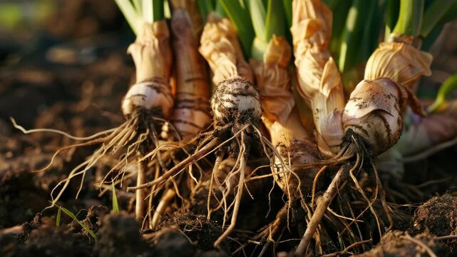 A close-up of a ginger root clump freshly pulled from the soil, showcasing its intricate roots and organic texture.