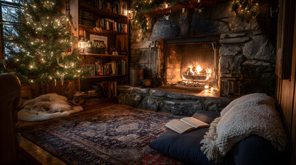 Cozy reading nook beside fireplace, HDR soft glow and tranquil holiday atmosphere