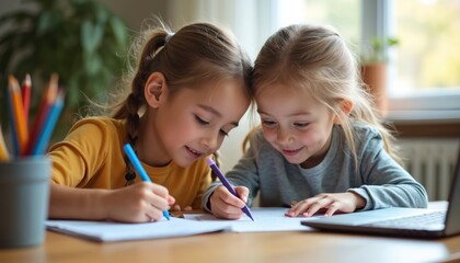 Fototapeta premium Two little girls are drawing at the table. Kids do homework together. Sisters work on creative project at home. Children study together concept. Family love, learning, support and education.