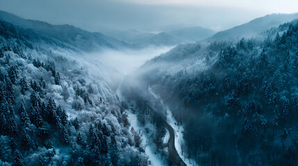 Drone shot over snowy forest valley, morning fog and cinematic compositional scale