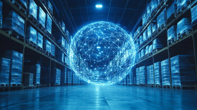 Advanced technology connected to logistics in a warehouse setting with network visualization - Powered by Adobe