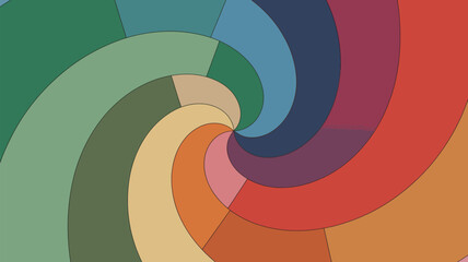 Obraz premium A colorful spiral pattern with segments of green blue red orange and beige hues in a swirling design