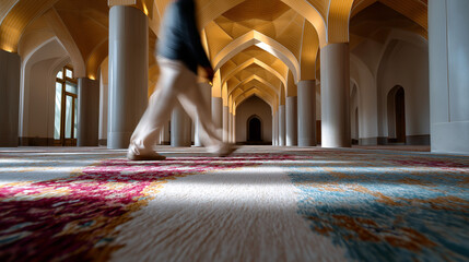 Blurred motion of a person walking across patterned carpet inside a mosque, diffused sunlight illuminating arches, with copy space.