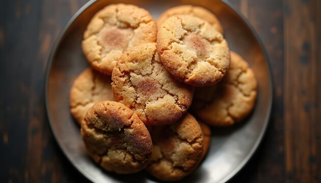 Close-up view of several baked Snickerdoodles arranged on a grey plate. Warm brown cookies display cinnamon spice and a soft texture. Perfect for food blogs or recipe websites.