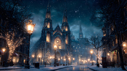 Fototapeta premium Festive night scene with glowing cathedral and snow, cinematic composition and emotional grandeur