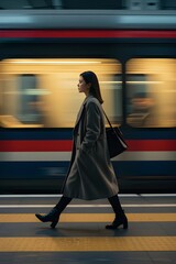 A young Asian woman walks beside a high-speed train in an industrial setting, in a moody cinematic style.