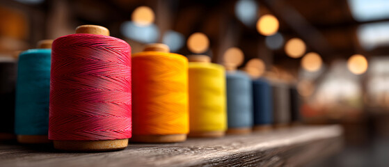 Colorful spools neatly arranged in textile factory workshop
