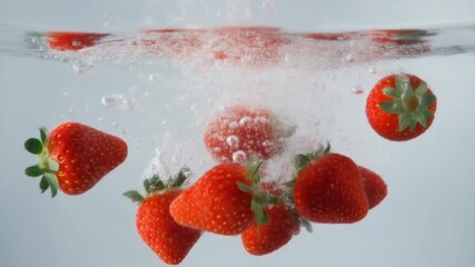 Slow motion strawberry splash in clear water on white nackground – realistic high-speed macro video - Powered by Adobe