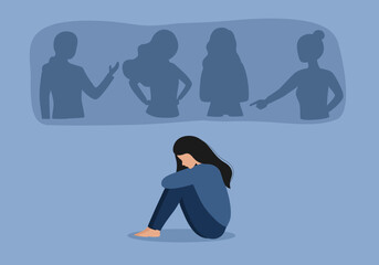 Social phobia, anxiety disorder consept. Sad woman struggle with loneliness and solitude in crowd.