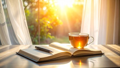 Morning coffee and open book by the window