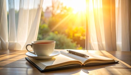 Morning coffee and open book by the window