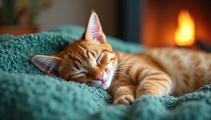 Ginger cat asleep on teal blanket near fireplace. Domestic cat enjoys warmth and comfort. Sleepy kitten resting indoors. Warmth, peace. Cozy feeling inside home.