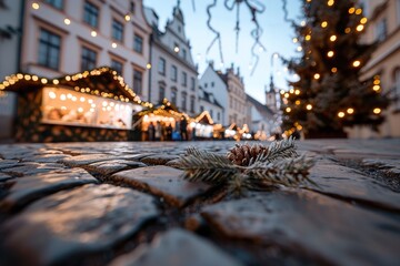 Fototapeta premium The town square glimmers with lights and festive stalls as locals and visitors enjoy a vibrant Christmas market. A charming atmosphere invites everyone to celebrate the season