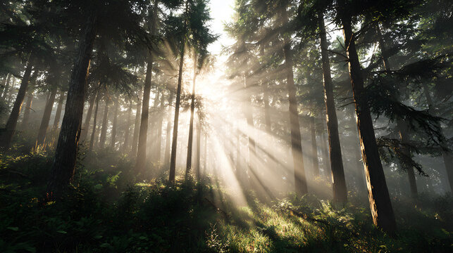 Forest clearing with soft mist and sunbeams, cinematic symmetry and peaceful serenity