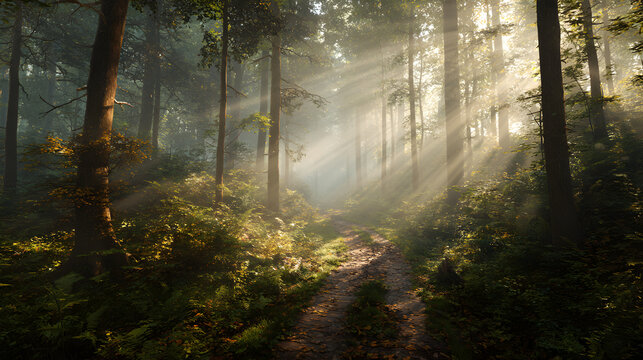 Forest path illuminated by morning sunbeams, volumetric haze and tranquil depth of field - Powered by Adobe