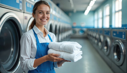 Smiling woman in blue apron holds stack of clean white towels. Pro laundry service employee stands by rows of washing machines and dryers in bright laundromat. She works in clean facility.