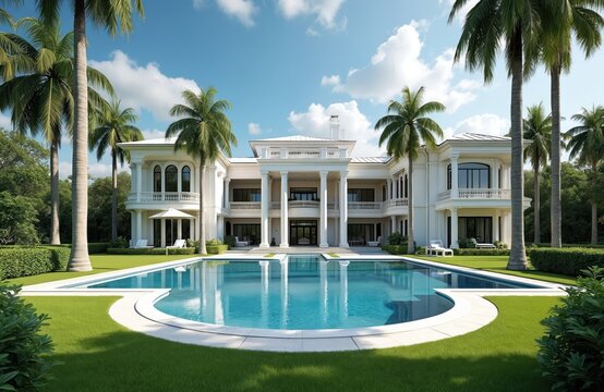Large white luxury mansion with swimming pool and palm trees. Lush green lawn surrounds the opulent residence. Sunny day, bright blue sky above. Tropical resort feel.