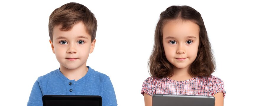 Children engaged with a tablet for online class isolated on white background education.