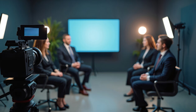 People in suits sit in front of camera. Business presentation workshop recording with participants in modern TV studio setting with broadcast equipment, lighting. Team members work together on - Powered by Adobe