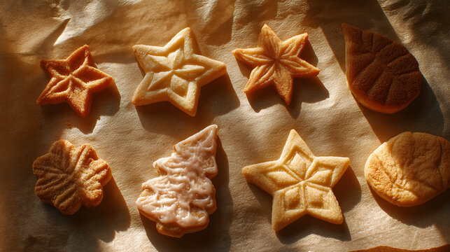 Frosted cookie shapes on baking parchment, warm daylight and homemade holiday emotion