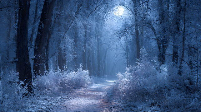 Frosted forest trail under moonlight, blue ambient tone, mysterious winter calm