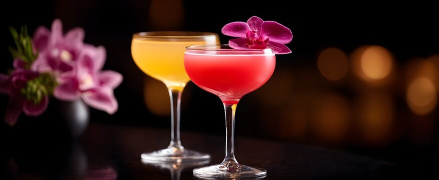 Elegant cocktails at neon bar shimmer like liquid rainbows in a glowing jungle. - Powered by Adobe