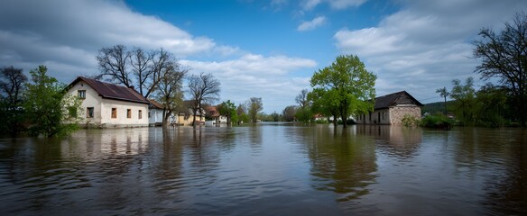Fototapeta premium The aftermath of a severe flood turned homes and roads into a watery maze of wreckage