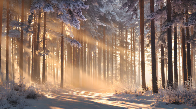 Frosted pine forest with morning mist and golden sunlight beams, tranquil composition using leading lines and depth layering, serene winter calm