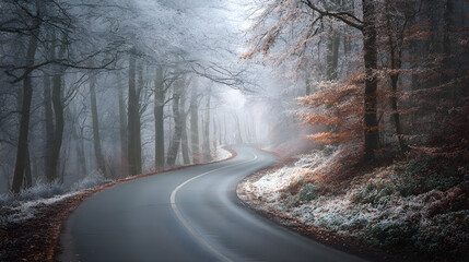 Frosty forest road curving through light mist, cinematic symmetry and tranquil winter balance