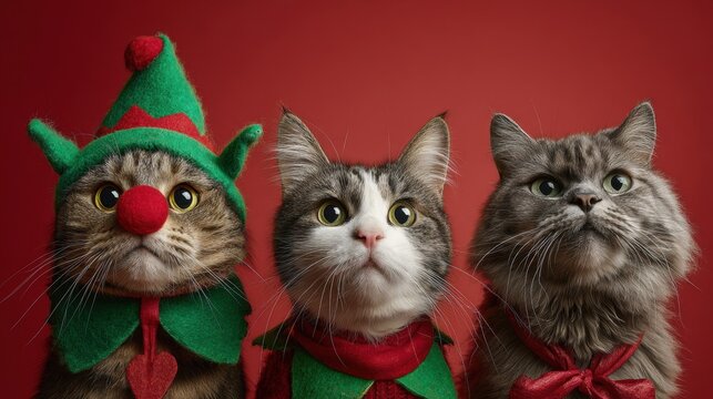 Three funny cats wearing elf and Christmas outfits posing together against a red background, capturing festive holiday spirit.