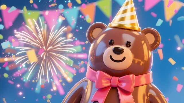 A party bear teddy celebration with confetti and fireworks for birthday bash, festive and cute vibes with ribbon accents, colorful bunting, glossy toy charm, blue background sparkle, joyful scene