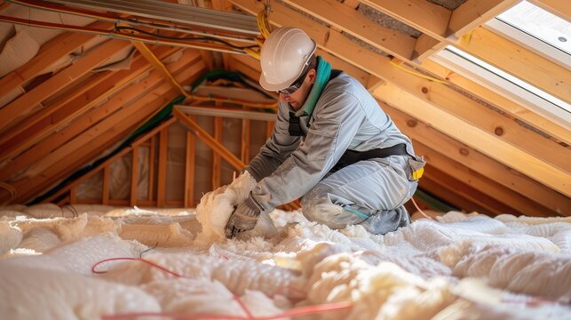 Construction worker insulating attic