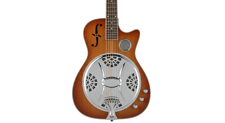 A resonator guitar with a chrome plate and f holes on a white background in a studio setting ai generated
