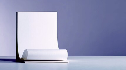 A blank white paper scroll is unfurling on a light surface, set against a solid purple background.