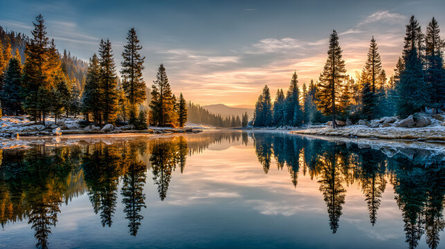 Frozen lake with mirror reflection of pine trees, panoramic HDR sunrise glow