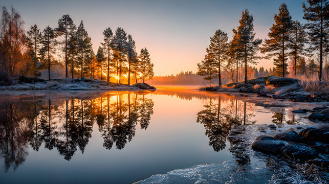 Frozen lake with mirror reflection of pine trees, panoramic HDR sunrise glow