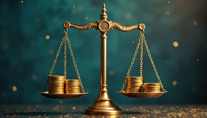Golden scales balance stacks of coins on teal backdrop. Scales represent finance justice law. Concept for fair trade balance wealth, ethical business decision, corporate social responsibility.