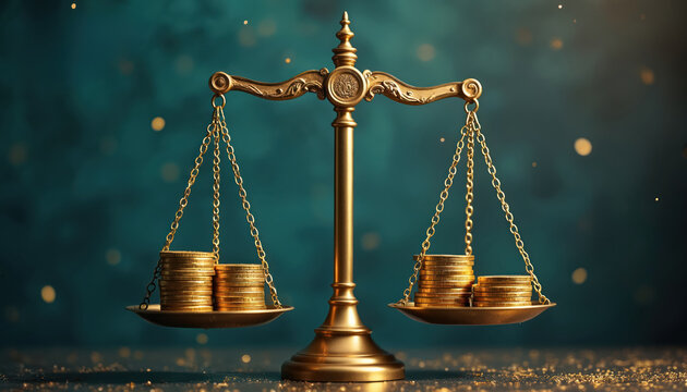 Golden scales balance stacks of coins on teal backdrop. Scales represent finance justice law. Concept for fair trade balance wealth, ethical business decision, corporate social responsibility.