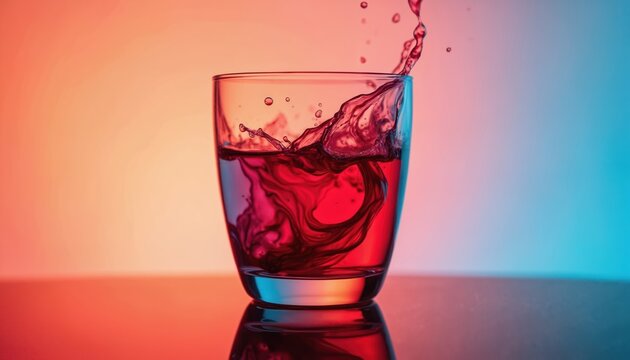 Glass of liquid with splash against colorful backdrop. Red fluid creating a dynamic abstract form in glass. Artistic shot of drink with vibrant mix. Water with coloring.