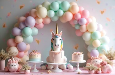 Colorful unicorn cake display with pastel balloon garland creates joyful celebration scene. Sweet treats and whimsical decorations adorn table perfect for childrens birthday parties or special events.